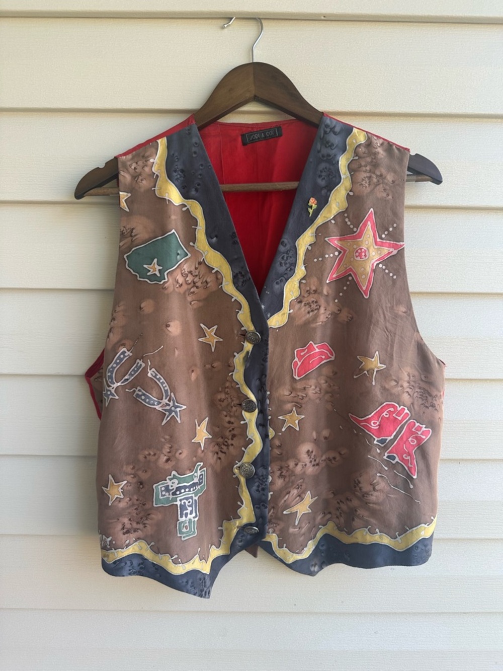 Vintage Western Print Button Front silk Vest - Brown & Red